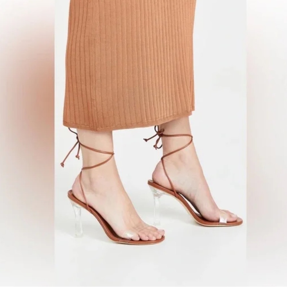 Larroude Women's Gloria Camel Brown PVC Chic High Heel Ankle Lace Up Sandal 8.5